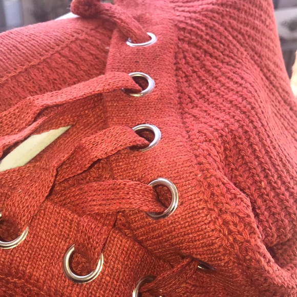 Burnt Red Rib Lace Up V Neck Tweed Knit Sweater - Picture 5 of 8